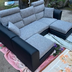 【リサイクルサービス八光】幅203cm　ブラック＆グレー　3人掛けカウチソファ　オットマン付きの画像