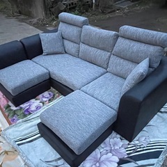 【リサイクルサービス八光】幅203cm　ブラック＆グレー　3人掛けカウチソファ　オットマン付きの画像