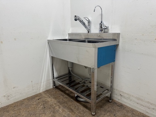 ステンレス　業務用　2層シンク流し台　蛇口付き　厨房　飲食店　W９００ｘD４５０ｘH８００ｍｍ