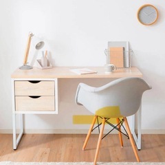 パソコンデスク 引き出し付き スチール脚 木目調 オフィス LOWYA 椅子付きの画像