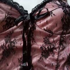 OVER BOARD ピンク×黒レース カップ付きキャミソール レース リボン サイズMの画像