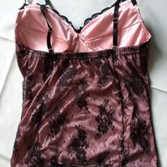 OVER BOARD ピンク×黒レース カップ付きキャミソール レース リボン サイズMの画像