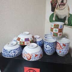 未使用　美濃焼　前畑陶器　縁起商店　茶碗と湯呑みセット 10個入りの画像