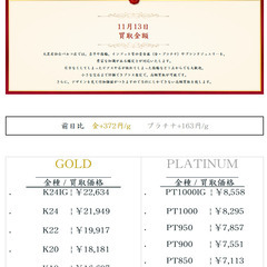 大黒屋仙台パルコ店 11/13 本日の貴金属の買取金額