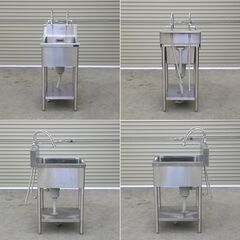 ≪zyt2550ジ≫ マルゼン ステンレス製 業務用1槽シンク 幅45cm 奥行60cm フチの高さ85cm バックガード付 単水栓2口付属 現状品 71024-05の画像