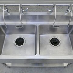 ≪zyt2551ジ≫ マルゼン ステンレス製 業務用2槽シンク BS2-126 幅120cm 奥行60cm バックガード付 単水栓4口付属 現状品 中古厨房機器/宮城県仙台市 71024-06の画像