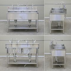 ≪zyt2551ジ≫ マルゼン ステンレス製 業務用2槽シンク BS2-126 幅120cm 奥行60cm バックガード付 単水栓4口付属 現状品 中古厨房機器/宮城県仙台市 71024-06の画像