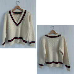 美品 McGREGOR マックレガー チルデンニット Vネックセーター メンズ Mサイズ ホワイト系 ウール100% ケーブル編み 秋冬の画像