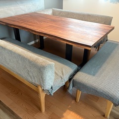 ベルメゾン　日本製 ダイニングテーブルセット　160cm 長椅子　ベンチ3台の画像