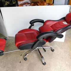 【JM880】YAMAZEN MFR-89 フルリクライニングレーサーチェア ワインレッド/ブラック キャスター付きハイバックチェアの画像