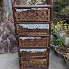 【収納】藤 キャビネット チェスト ラタン 5段 収納棚 かご 引き出し ラック タンス 衣類 小物 収納家具 高さ約120cm 幅約50cm 奥行約35cmの画像
