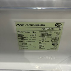 AQUA 2021年製　272L 3ドア 冷蔵庫の画像