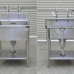 ≪zyt2560ジ≫ マルゼン ステンレス製 業務用1槽シンク 幅60cm 奥行60cm バックガード付 単水栓2口付属 現状品 中古厨房機器/宮城県仙台市 71029-04の画像
