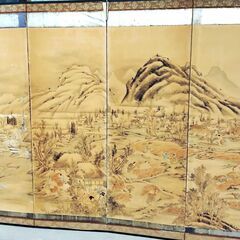 旧家蔵出し 大きな屏風 パーテーション 絵画 古道具 現状品 詳細不明の画像