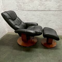 革張り パーソナルチェア オットマン ブラック リクライニングチェア ソファ A0832の画像