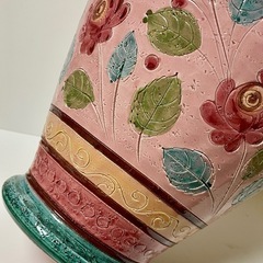 イタリア製　陶器　花瓶　傘立て マヨリカ焼　薔薇花柄　美品の画像