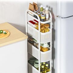 【新品未使用】キッチンワゴン スリム収納ラック 洗面所 すきま収納 [冷蔵庫横に最適] キャスター付きワゴン 組立不要 スリムワゴン 幅15cm 軽量 スリム 引き出し 4段 (ブラック)の画像