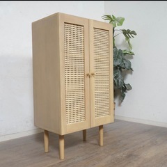 北欧・韓国風 ラタンウッドスリムキャビネット 籐編み込みの画像