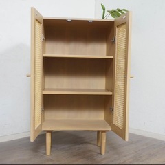 北欧・韓国風 ラタンウッドスリムキャビネット 籐編み込みの画像