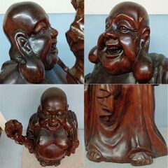 ★布袋様　2点！　①木彫61cm 5kg天然木丸彫り　②陶器44cm 3.9kg　置物　縁起物　招福　七福神の画像