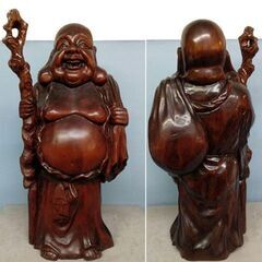 ★布袋様　2点！　①木彫61cm 5kg天然木丸彫り　②陶器44cm 3.9kg　置物　縁起物　招福　七福神の画像