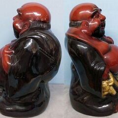 ★布袋様　2点！　①木彫61cm 5kg天然木丸彫り　②陶器44cm 3.9kg　置物　縁起物　招福　七福神の画像