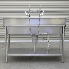 ≪zyt2564ジ≫ マルゼン ステンレス製 業務用舟型シンク BSF1-126 幅120cm 奥行60cm バックガード付 単水栓2口付属 現状品 中古厨房機器/宮城県仙台市 71029-08の画像