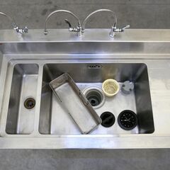 ≪zyt2565ジ≫ マルゼン ステンレス製 1槽ソイルドシンク ダスト槽付き 幅120cm 奥行70cm バックガード付 単水栓3口付属 現状品 中古厨房機器/宮城県仙台市 71029-09の画像