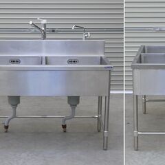 ≪zyt2567ジ≫ マルゼン ステンレス製 業務用2槽シンク BS2-126 幅120cm 奥行60cm バックガード付 混合水栓+単水栓付き 難あり現状品 中古厨房機器/宮城県仙台市 71102-02の画像