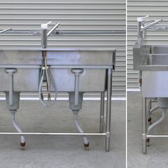 ≪zyt2567ジ≫ マルゼン ステンレス製 業務用2槽シンク BS2-126 幅120cm 奥行60cm バックガード付 混合水栓+単水栓付き 難あり現状品 中古厨房機器/宮城県仙台市 71102-02の画像