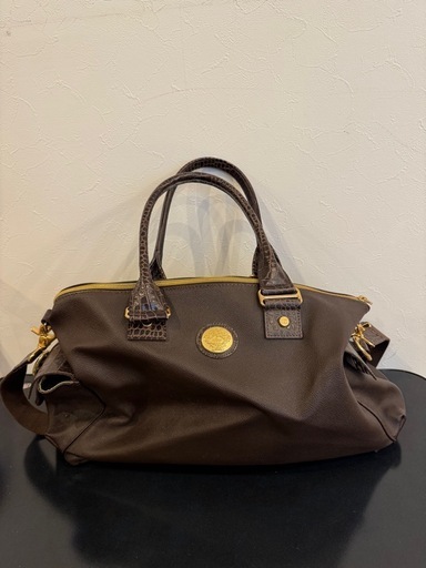 【超美品】　Orobianco ボストンバッグ　PVC × クロコ型押し　茶