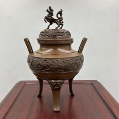【美品(詳細有)】香炉(幸雲) 香炉台(透かし彫り/猫足) 木製 花台 高卓 中国 キリン(中国)のモチーフ付 お香 1セット 置物 インテリアの画像