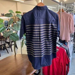 A2511-221 GLOBAL WORK 半袖ボタンシャツ Sサイズ ネイビー 毛玉ほつれ有りの画像