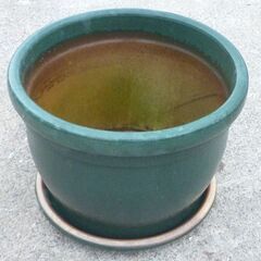 中古 USED 大きめ 水蓮鉢 メダカ鉢 ビオトープ 水鉢 蓮鉢 陶器製 受け皿付き 水抜き穴なし 青緑 ブルーグリーン 釉薬の画像