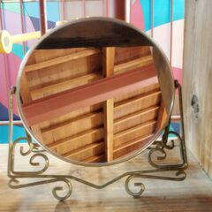 両面ミラー 拡大鏡 卓上ミラー 2WAY スタンドミラー 丸型 鏡 レトロ /HJ-0561 2Fの画像