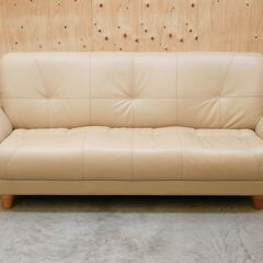 ≪zyt2573ジ≫ 浜本工芸 3人掛けソファ 本革張り ベージュ系 S-4600 CB 幅177cm 座面幅140cm/レトロ/レザー/中古家具/宮城県仙台市 071101-05の画像