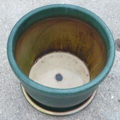 中古 USED 大きめ 水蓮鉢 メダカ鉢 ビオトープ 水鉢 蓮鉢 陶器製 受け皿付き 水抜き穴なし 青緑 ブルーグリーン 釉薬の画像