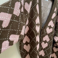 ブラウン ハート柄 ニットカーディガンSsizeの画像