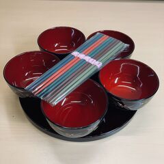 鹿野漆器 溜南天 丸盆付汁椀セットの画像