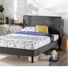 ベッドフレーム ダブル Shalini Upholstered Platform ダークグレー 木製 すのこ 静音 耐久性 通気性 頑丈 ダイアモンド柄 の画像