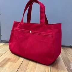 【ハンドメイド】帆布トートバッグ 赤×カフェオレ ペットボトルホルダー付 
1115新品未使用の画像