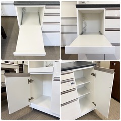 （【新品同様‼️】定価22万♪ 高級 松田家具 140cm幅キッチンボード(レグノ1400) 食器棚 収納家具 スノーウッド(艶あり木目調ホワイト )色♪ の画像