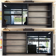 【新品同様‼️】定価28万♪ 高級 松田家具 140cm幅キッチンボード(ガバーナ1400) 食器棚 収納家具 クローチェ(セラミック調ブラック)色♪の画像