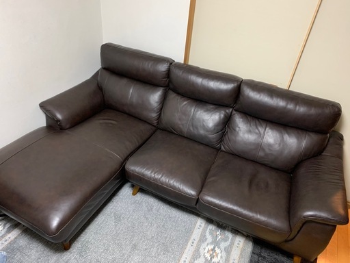 ダークブラウンレザーL字ソファ