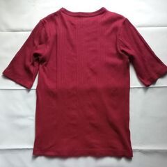 リブニットカットソー エンジ ラウンドネック 五分袖 柔らか 長め サイズLの画像