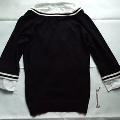 BLUE ROSE 黒×白 シャツ重ね着風ニットカットソー Vネック ラグランスリーブ サイズM 七分袖の画像
