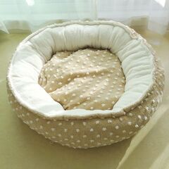 ペットベッド ドーナツ型 ドット柄 ベージュ 犬用ベッド 犬ベッド 大きめサイズ 80cmの画像