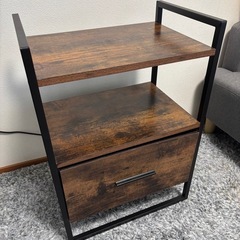 アイアン×木目 サイドテーブル／ラック 引き出し付きの画像