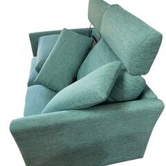 【美品】 2人掛けファブリックソファ クッション4個付 ターコイズ系の画像