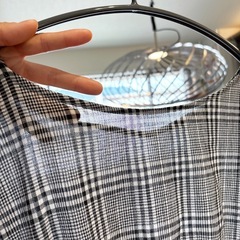 GU チェックブラウス 七分袖 M グレー 薄手 ウエストゴム 綿100%の画像